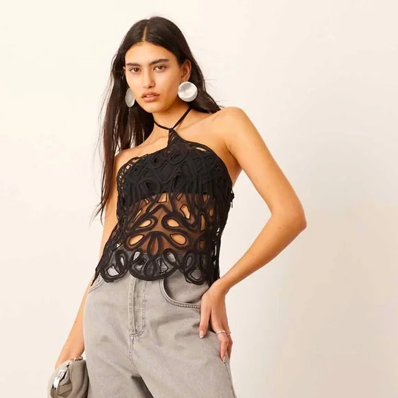 NWT ASOS EDITION embroidered halterneck top with cut out work - Picture 2 of 8